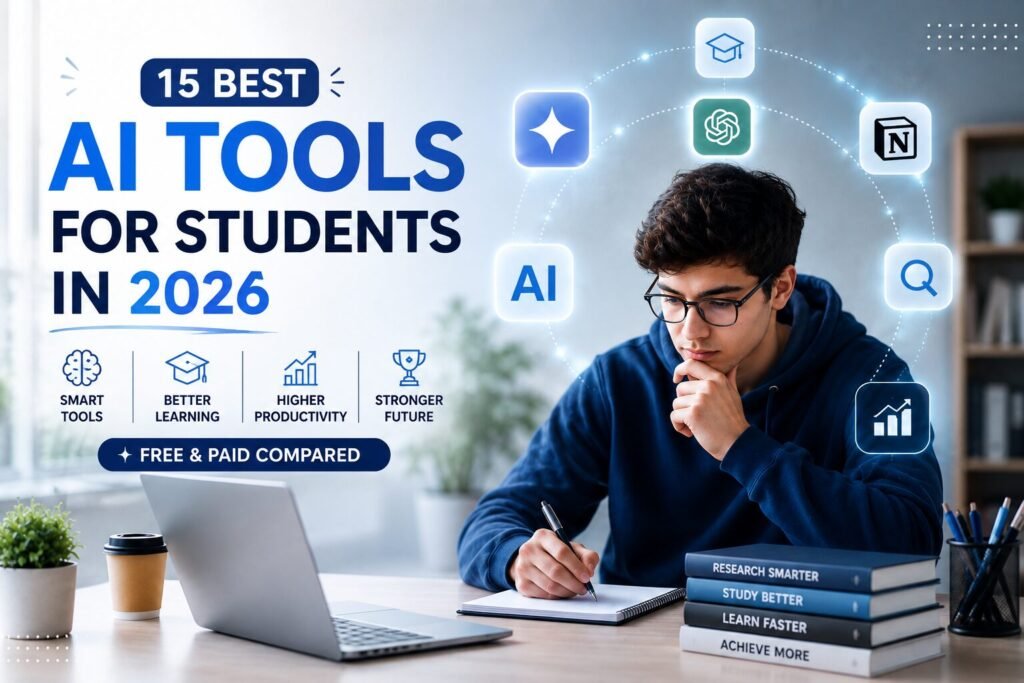 Illustration of students using AI tools for research, writing and study in 2026