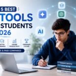 Illustration of students using AI tools for research, writing and study in 2026